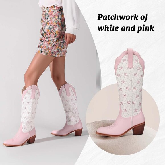 Women's Light Pink Knee High Embroidered Cowgirl Boots with Bow Chunky Heel Boot - Picture 3 of 6